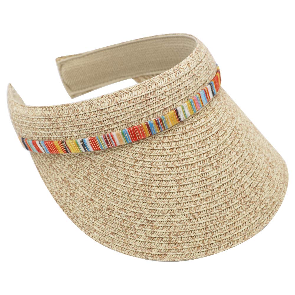 Krono Krown Women's Clip On Visor Packable Short Brim Summer Beach Sun Hat w/Color Strap - Paper Straw, UPF 50+