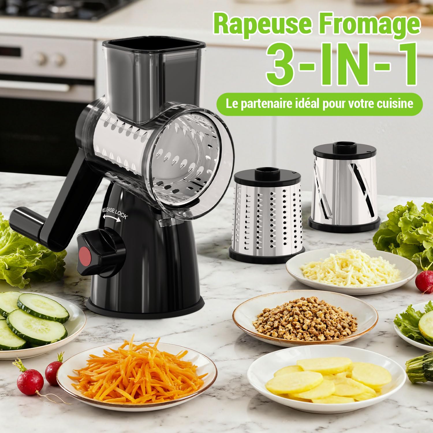 Râpe à Fromage Rotative, Mandoline Cuisine Professionnelle, Coupe Legumes Multifonctions avec 3 Lames de Tambour, Rapeuse Legume pour Fromage, Carottes, Concombre, Pommes de Terre