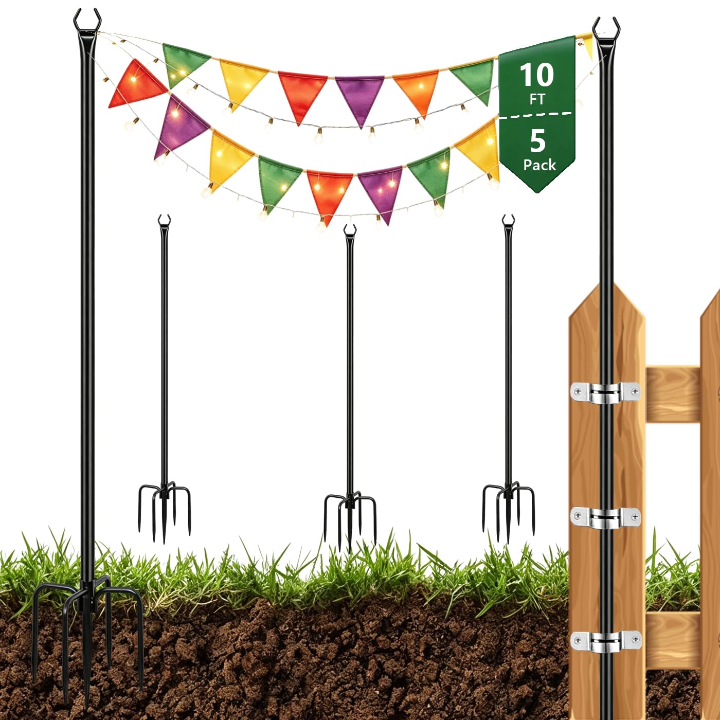 Festoon Light Poles 5 Pack Adjustable String Lights Poles 3m, Black