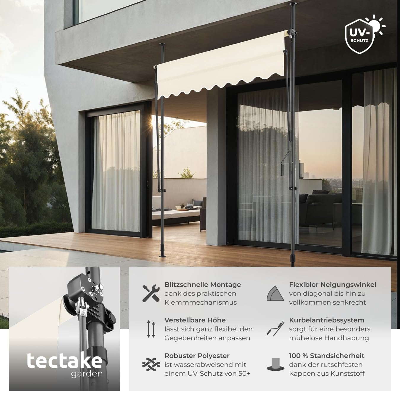tectake® Klemmmarkise mit Handkurbel, Balkon Markise ohne Bohren, Markise höhenverstellbar, UV-beständig, wasserabweisend, Terrassenüberdachung, Sonnenschutz Terrasse & Balkon, Breite 200 cm - beige