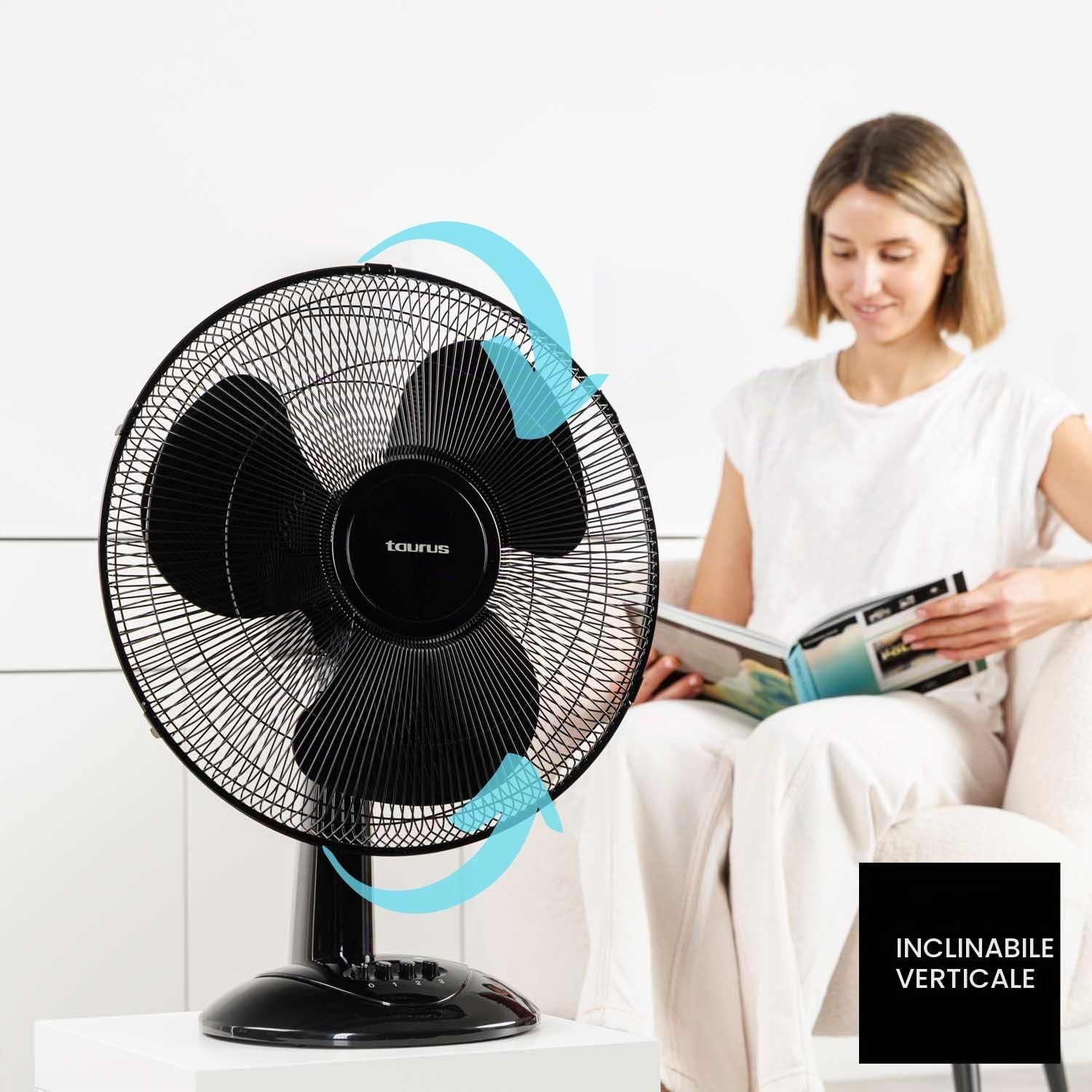 Taurus – Ventilatore da tavolo Greco 16 Elegance | 45W | 3 pale 40 cm | 3 velocità | Oscillazione automatica | Inclinazione regolabile | Compatto e silenzioso | Portatile | Base antiscivolo | Nero