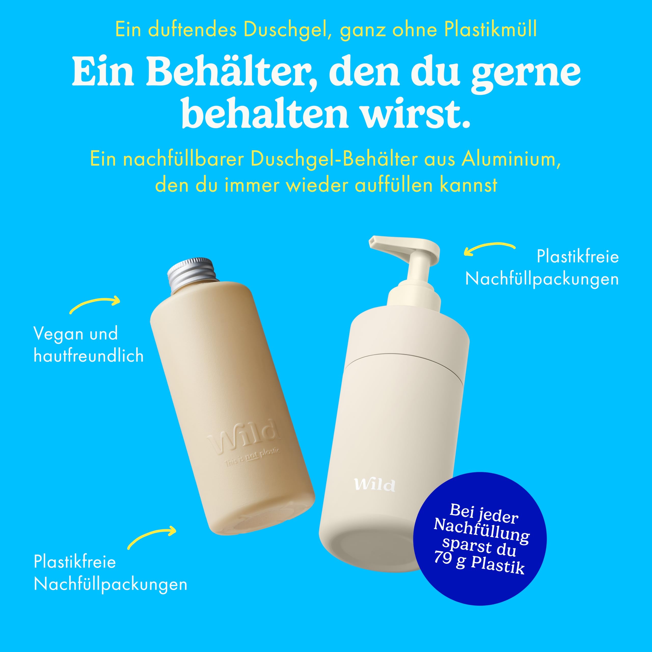 Wild Nachfüllbares Body Wash Starter‑Kit – Ivory Aluminium‑Case & 3er‑Pack Duschgel‑Nachfüller – 95 % natürliche Inhaltsstoffe – Coconut & Vanilla, Honey & Almond und Amber & Oud