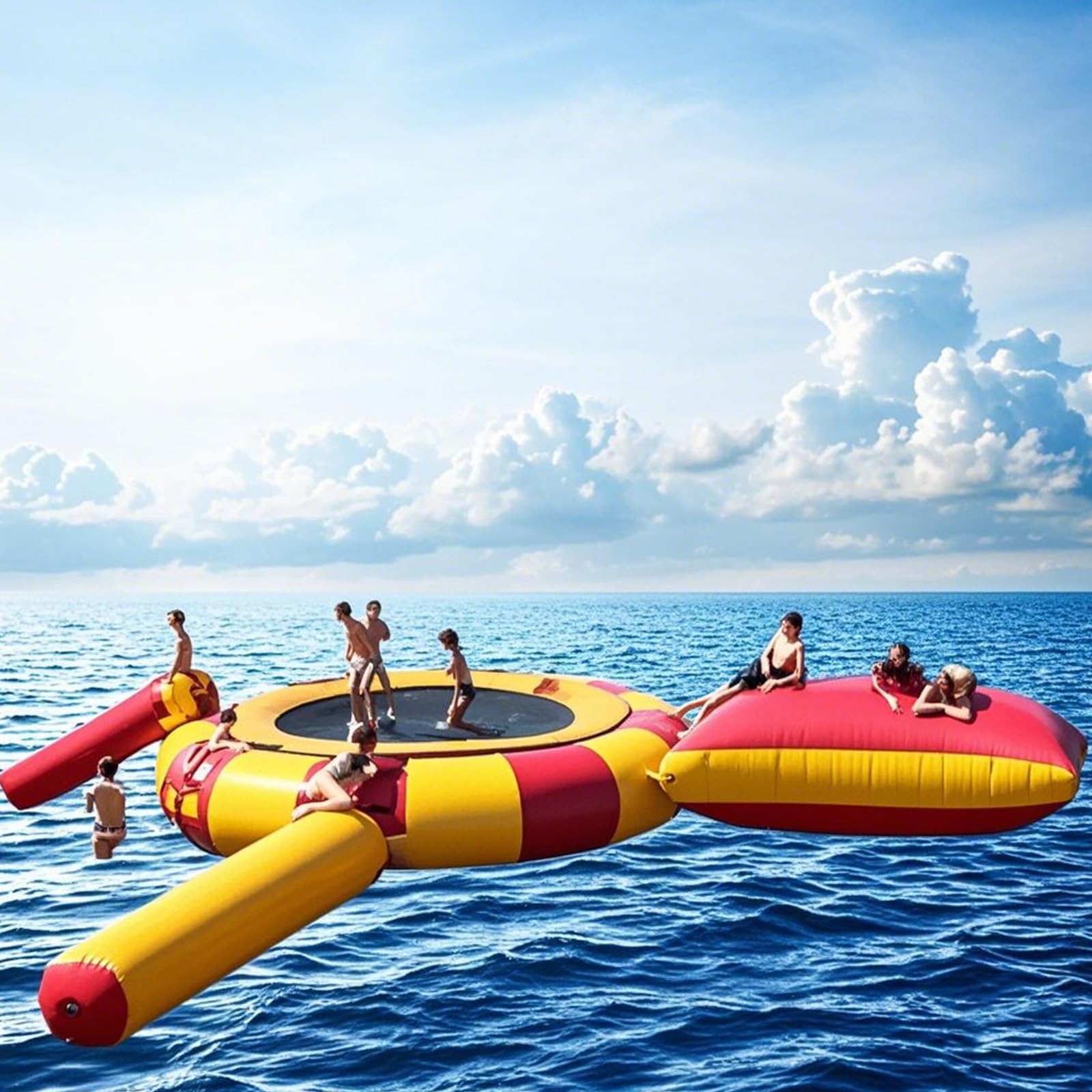 Inflatable Water Trampoline for Lake,10FT/13FT /16FTFloating Water Trampoline for Adults Portable Bounce Swim Platform with Electric Pump and Rope Ladder Slide,Water Park (Red, 10ft/3m)