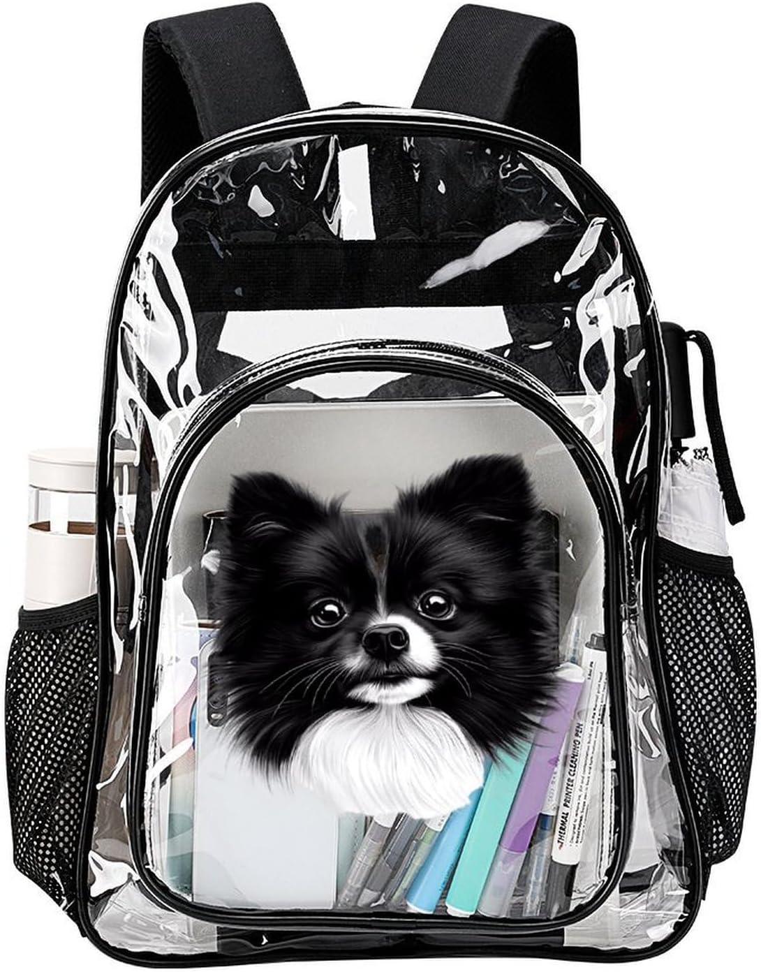 Black And White Pomeranian Dog Clear Backpack Transparent Shoulder Bag | Heavy Duty Back Pack Water-Resistant PVC Plastic