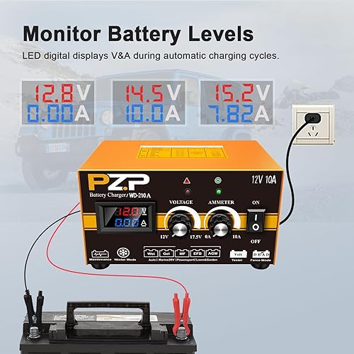 Miniatura 5 de PZP - Cargador de batería de 0-10A de 12 voltios, automóvil, barco, camión, automóvil, motocicleta, RV, cortacésped, 12V, cargador manual