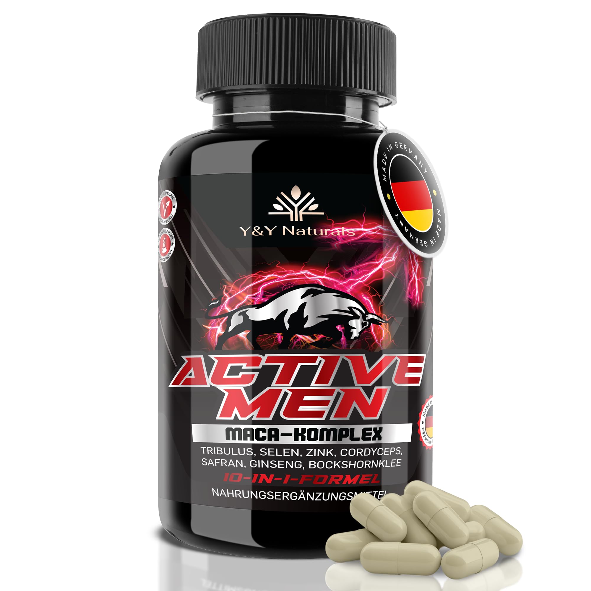 Männer Testosteron¹ Kapseln – 10-in-1 Komplex mit Maca 20:1, Tribulus, Bockshornklee, Zink, Selen & Safran | Active Men | Vegan, Laborgeprüft, Made in Germany | Alternative zu Ashwagandha