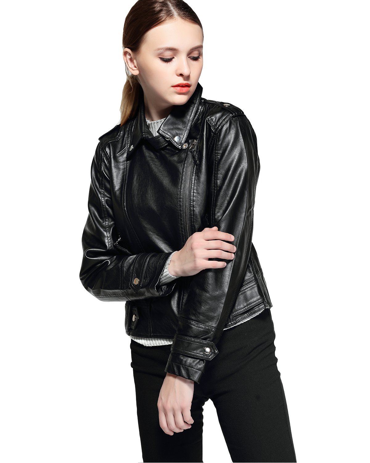Women's Faux Leather Zip Up Moto Biker Short Jacket