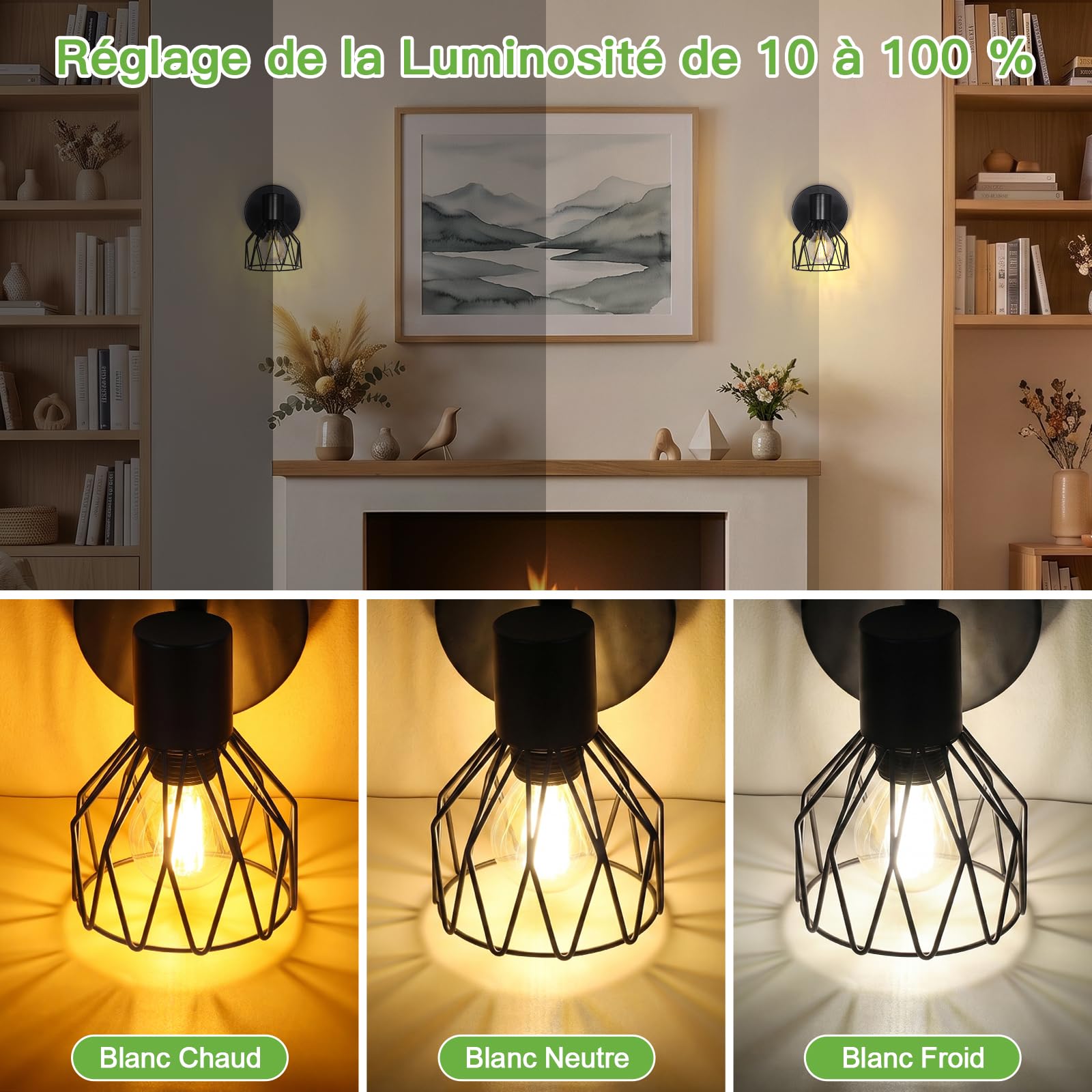 Kimjo Applique Murale Intérieure Rechargeable, Noir Lampe Murale Sans Fil
