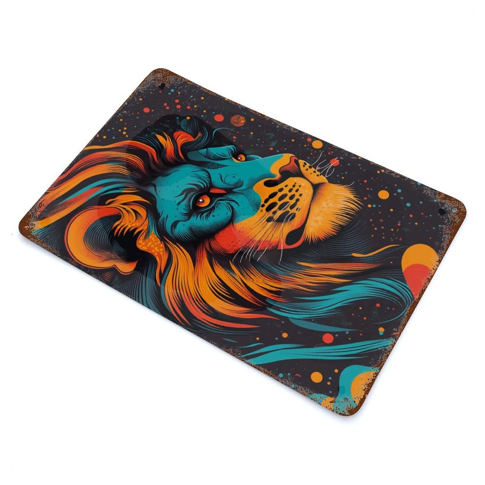 Cosmic Lion Portrait Neon Jungle King Psychedelic Lion Portrait Rustic Tin Plaque 11.8"x7.9", for Shed, Workshop And Garage Wall Decor, Farmhouse Wall Decor
