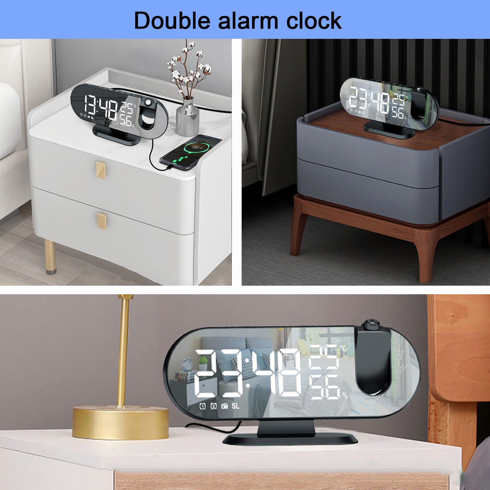 Reloj despertador de proyección con radio FM, reloj digital con puerto de carga USB, función de repetición, pantalla LED de espejo, brillo ajustable para dormitorios