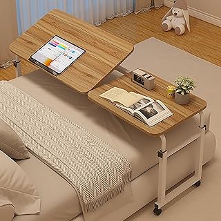 Mesa de cama con ruedas, mesa de cama ajustable en altura con mesa inclinable ajustable, mesa de hospital móvil sobre la cama para uso doméstico (color: marrón)