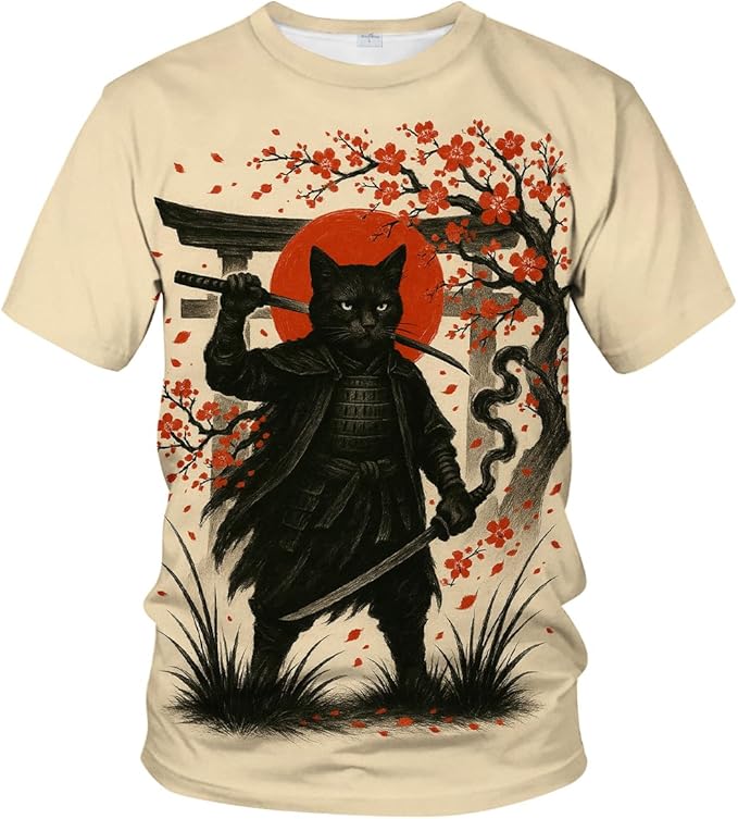 Blissboy Funny Japanese Samurai T-Shirt Novelty Short Sleeve Crewneck Shirt