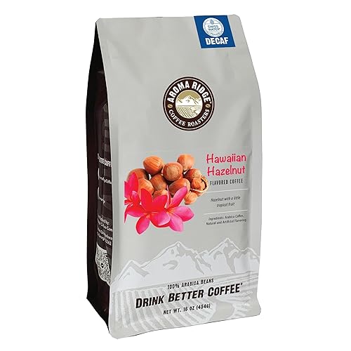 Aroma Ridge Café descafeinado de avellana hawaiana, proceso de agua suizo, 100% granos arábica, tostado medio, 16 onzas de grano entero