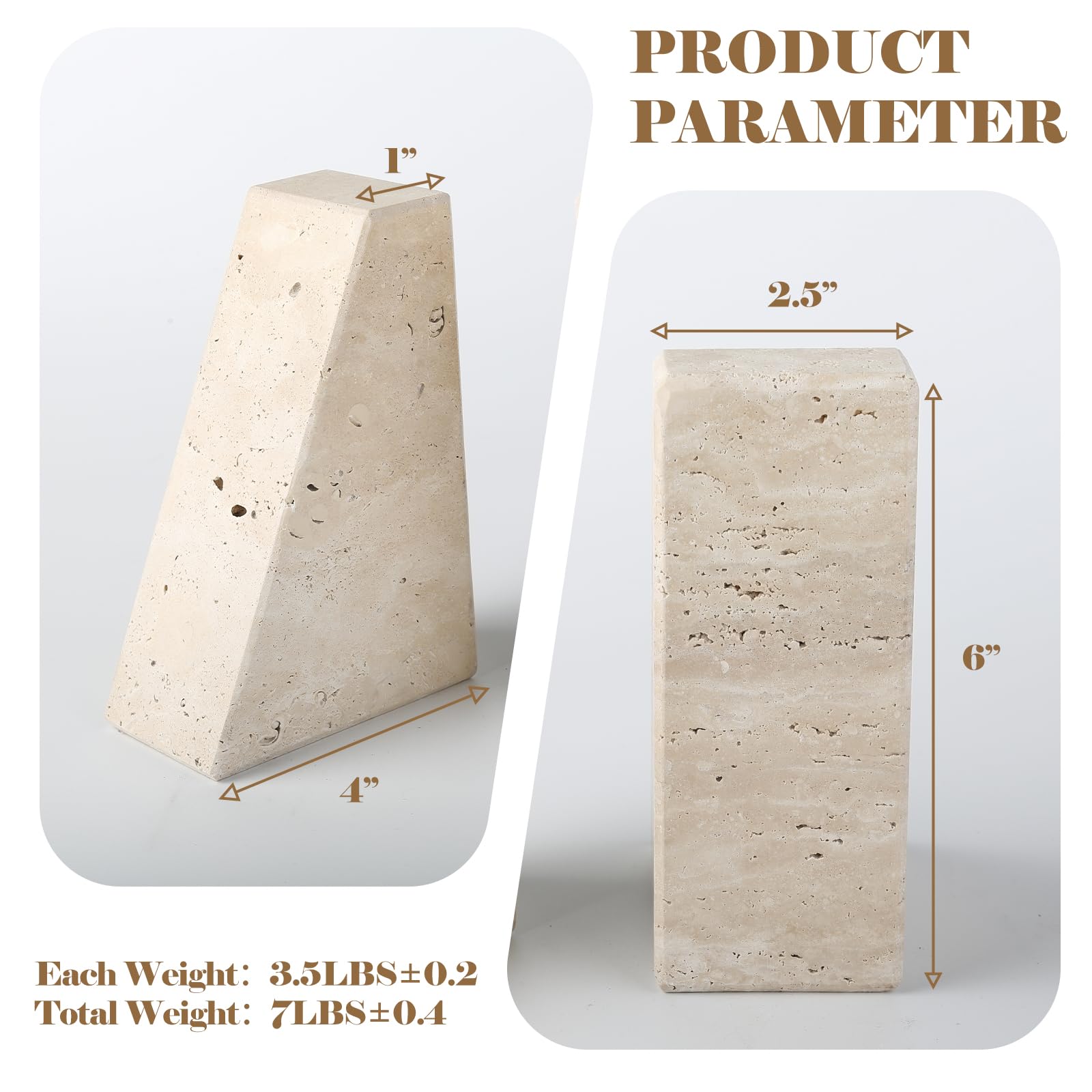 Karibiber Travertino Italy - Sujetalibros decorativos de mármol para estantes, sujetalibros de piedra resistentes para libros de tapa dura y libros de cocina, tapón y soporte únicos para libros