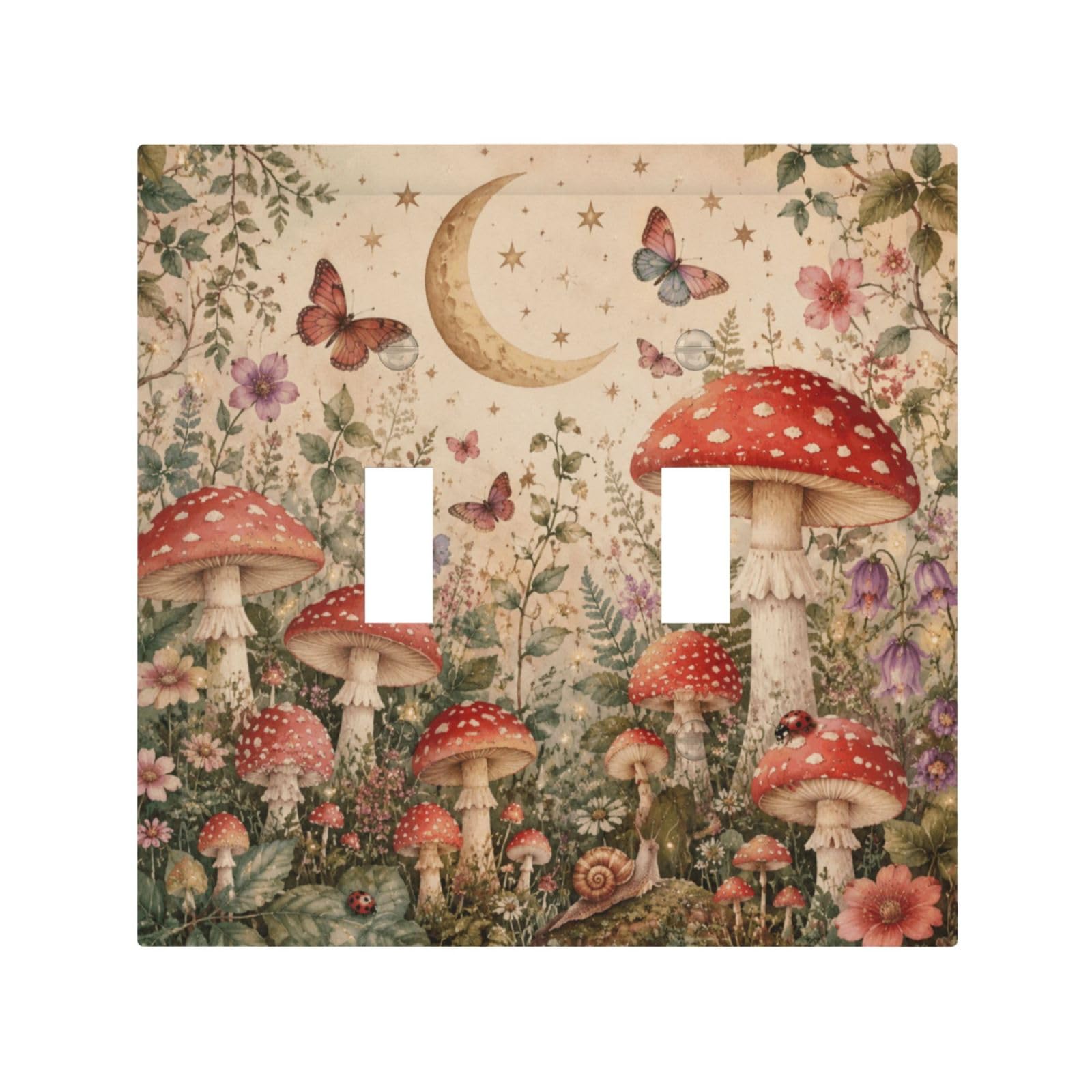 Dwbguo Decorative Light Switch Plate Covers Watercolor Mushroom & Moon 2 Gang Wall Plate Unique Double Toggle Vintage Butterfly Floral Double Light Switch Covers for Bedroom Bathroom Decor
