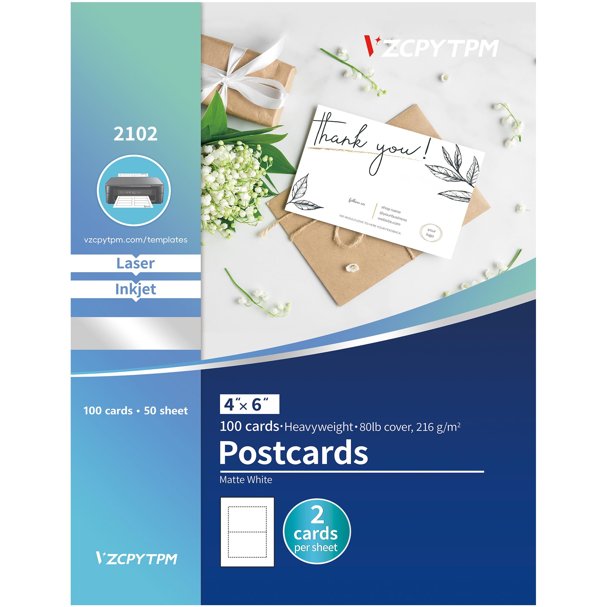 Printable Postcards 4" x 6", 100 Blank Post Cards for Mailing, Invitations, Custom Designs, Printer Cardstock for Inkjet & Laser Printers