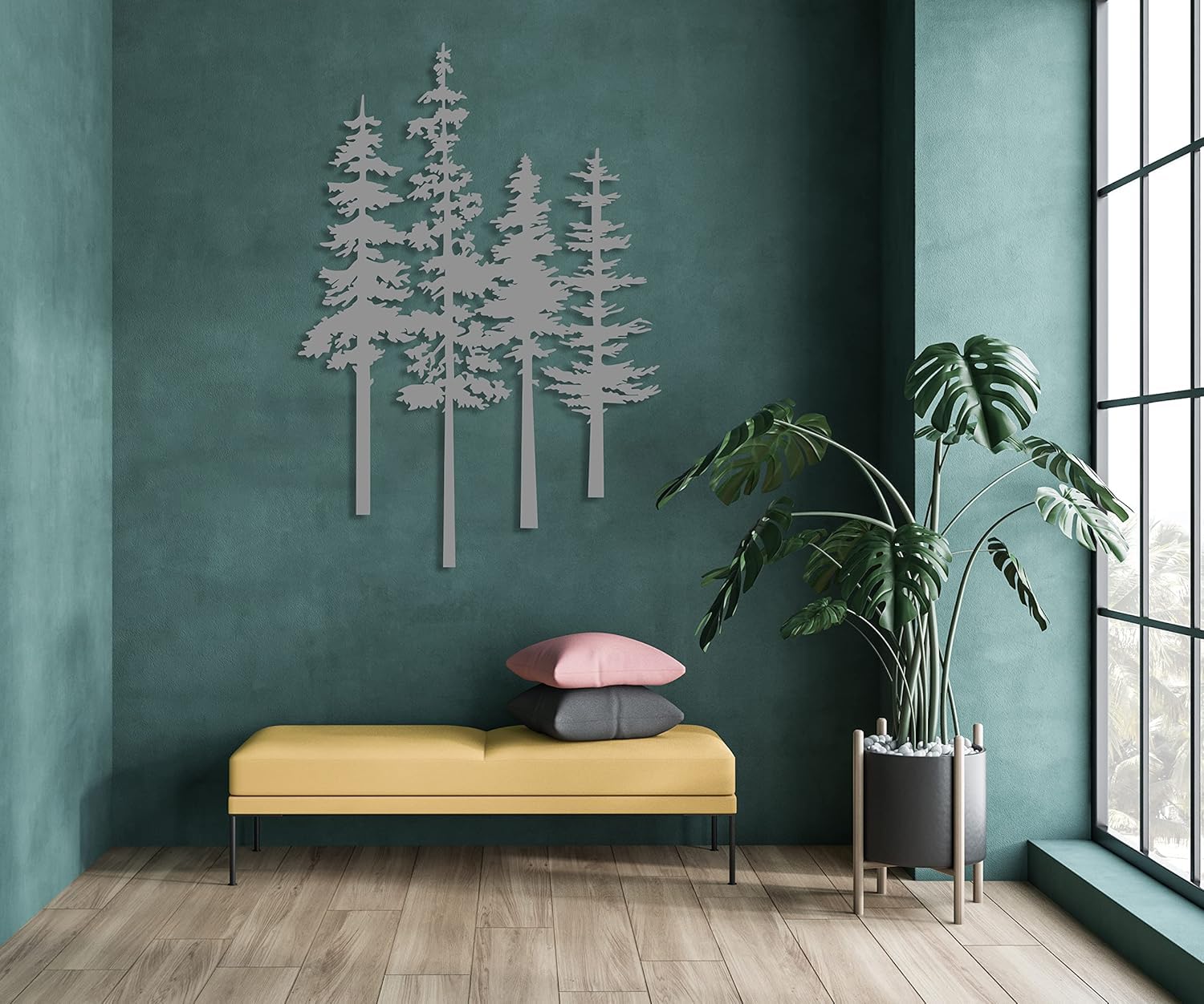 DecoSoul Pine Tree Metal Wall Art, Tree Sign Home Decor, Nature Lover Gift, Unique Farmhouse Decor, Large Wall Art (Silver-23.6x16.4'/ 60 x 41.7cm)