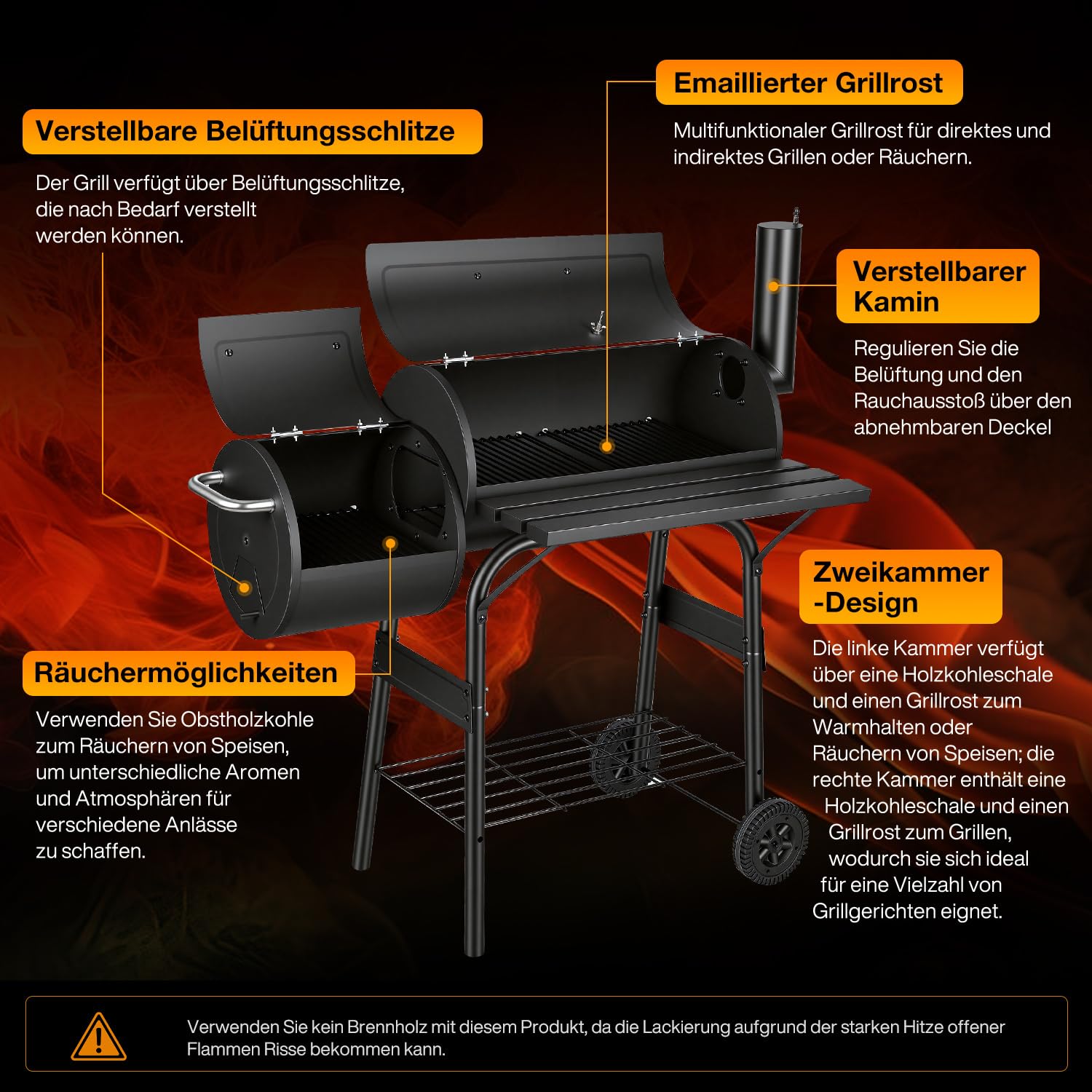 Barbacoa de carbón vegetal multifuncional con termómetro, ahumador y función de parrilla, barbacoa con tapa, ruedas, carro de barbacoa con regulación de aire