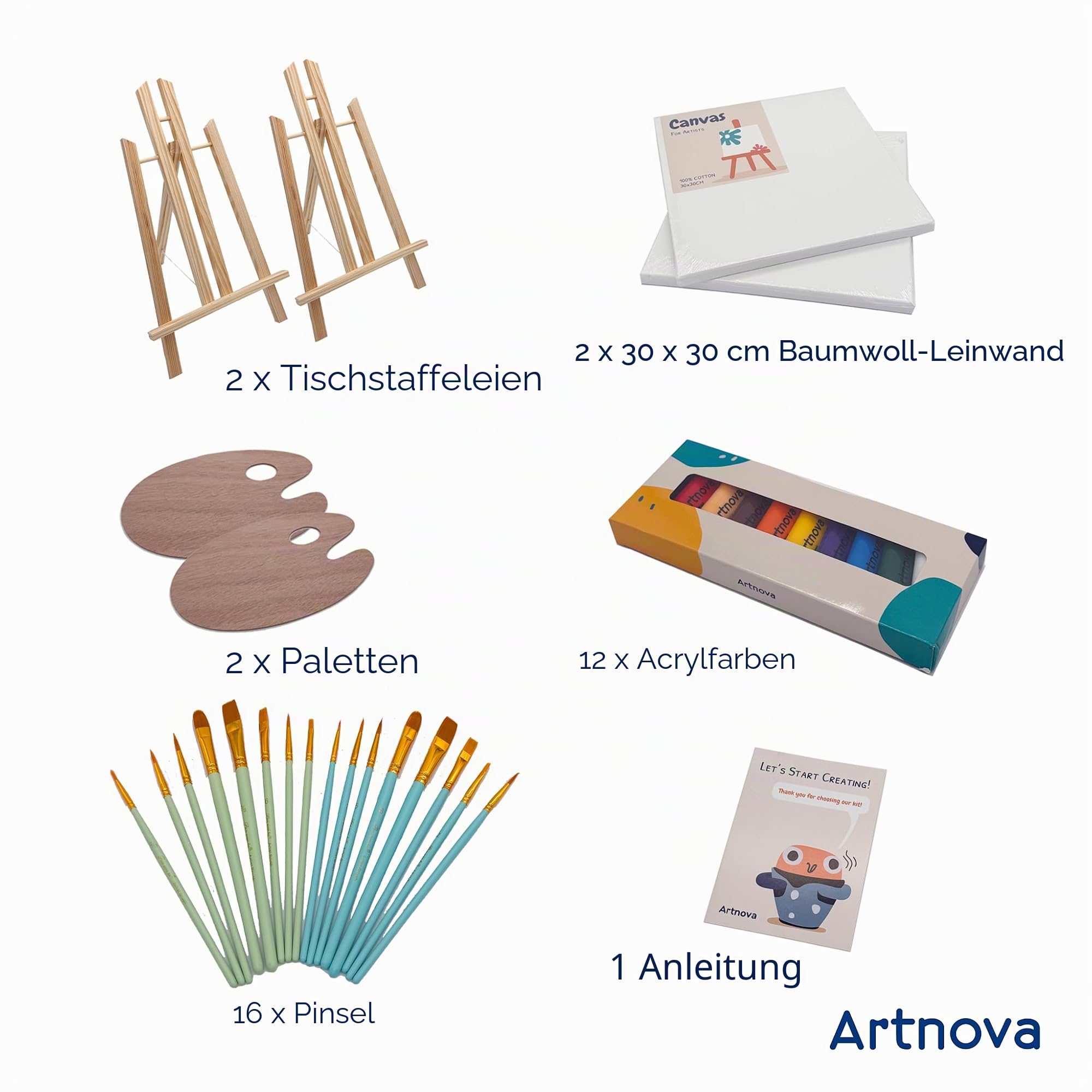 Artnova Malset für 2 Personen – DIY Set mit 2 Leinwänden, Staffeleien, Pinseln, Paletten, Acrylfarben und Anleitung, ideal für Porträts, kreatives Geschenk für Partner, Freunde oder Anfänger