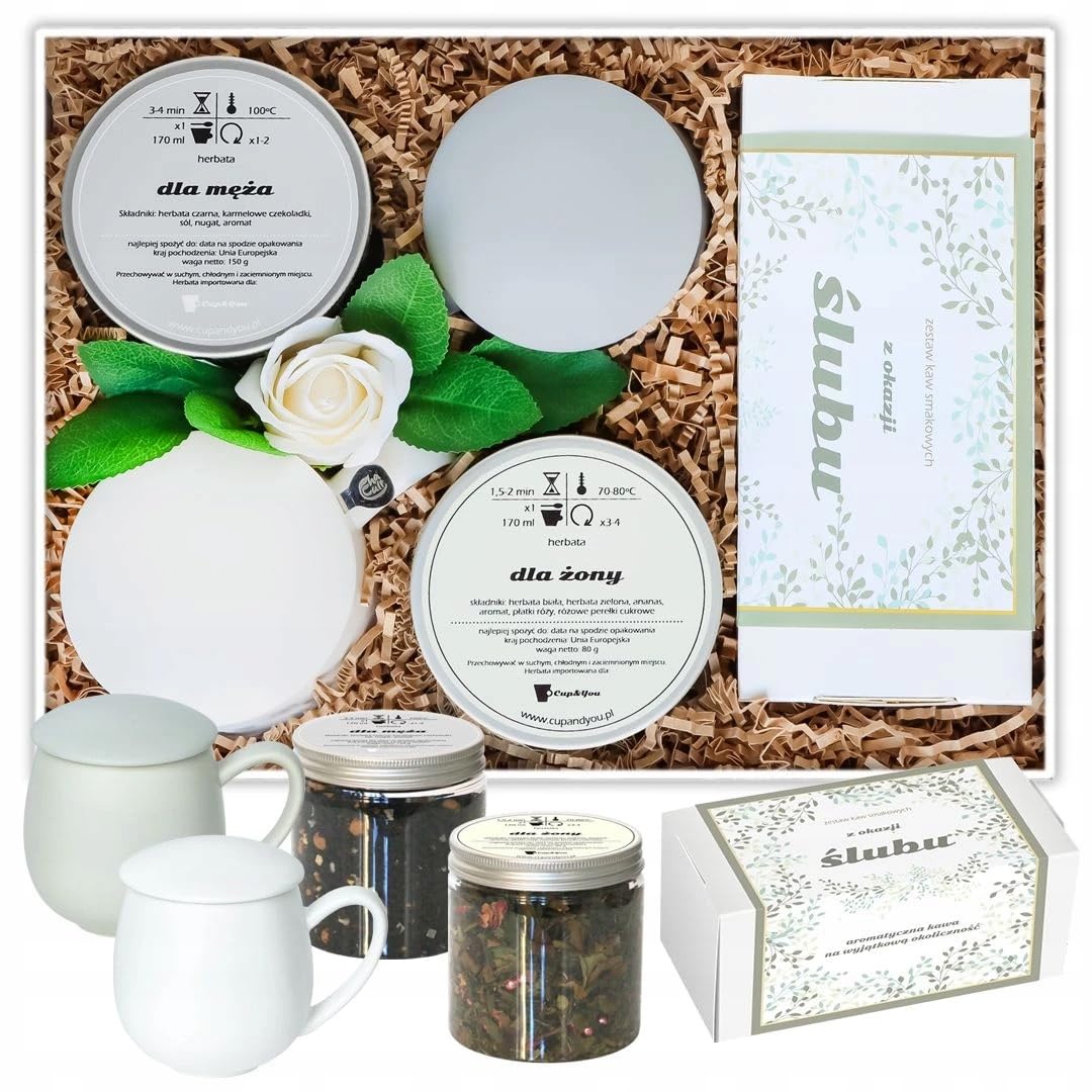 PERSONALIZOWANY BOX KOSZ ŚLUBNY PREZENT UPOMINEK DLA PARY MŁODEJ NA WESELE - ZESTAW KAW SMAKOWYCH HERBATY DLA ŻONY I DLA MĘŻA + KUBKI Z ZAPARZACZAMI I POKRYWKAMI