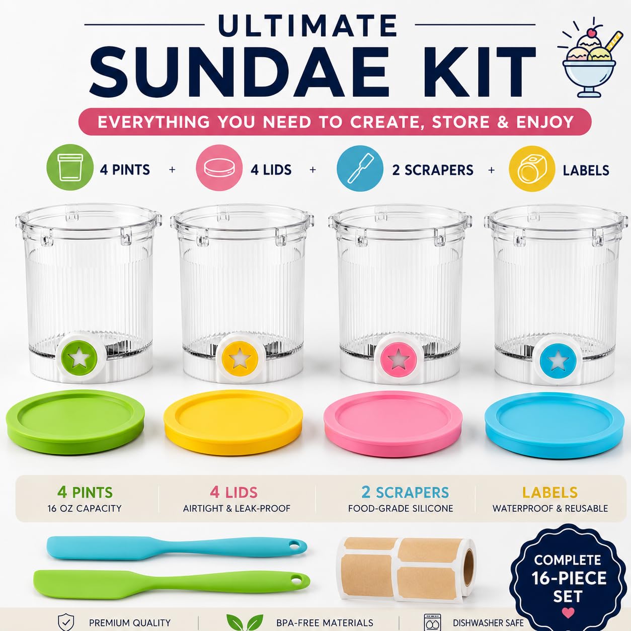 Lot de 4 Pots de Remplacement Compatible avec Ninja Creami Swirl NC700 NC701EU, 480ml Récipients avec 2 Spatules en Silicone et 1 Rouleau d'Étiquettes, Sans BPA & Passe au Lave-Vaisselle