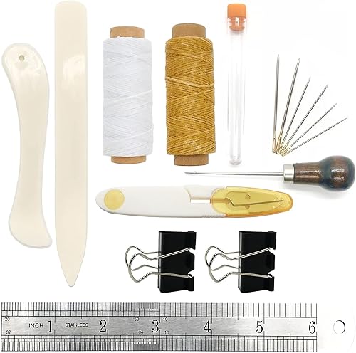 Herramientas de encuadernación, 16 piezas de herramientas de iniciación, carpeta de huesos, papel creaser, agujas de ojo grande, punzón, hilo