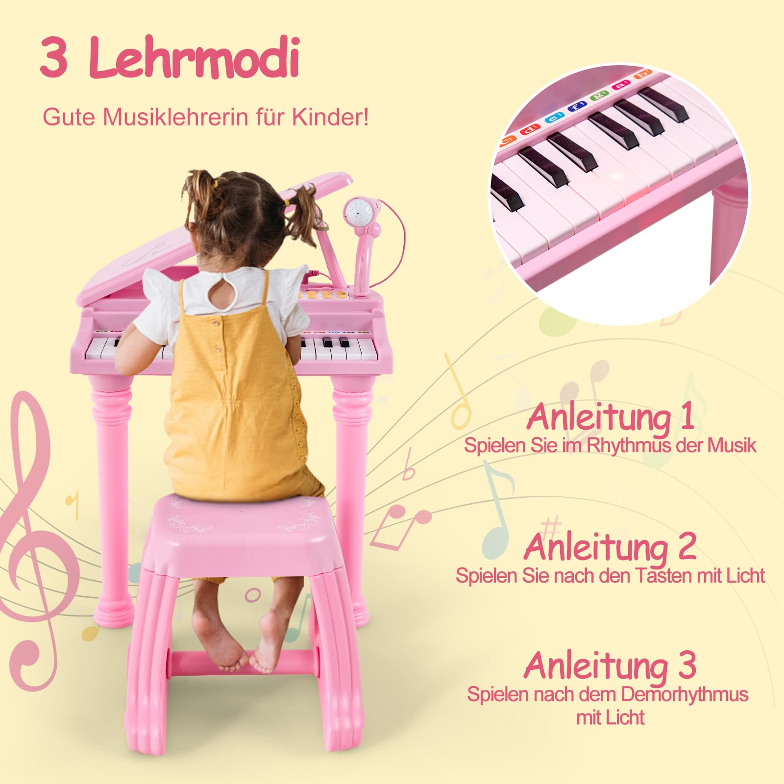 DREAMADE 31 Tasten Keyboard Kinder, E-Piano mit Hocker & Mikrofon & 3 Lehrmodi & 4 Rhythmen & Aufnahme, Elektronisches Klavier für Mädchen & Junge ab 3 Jahre (Rosa)