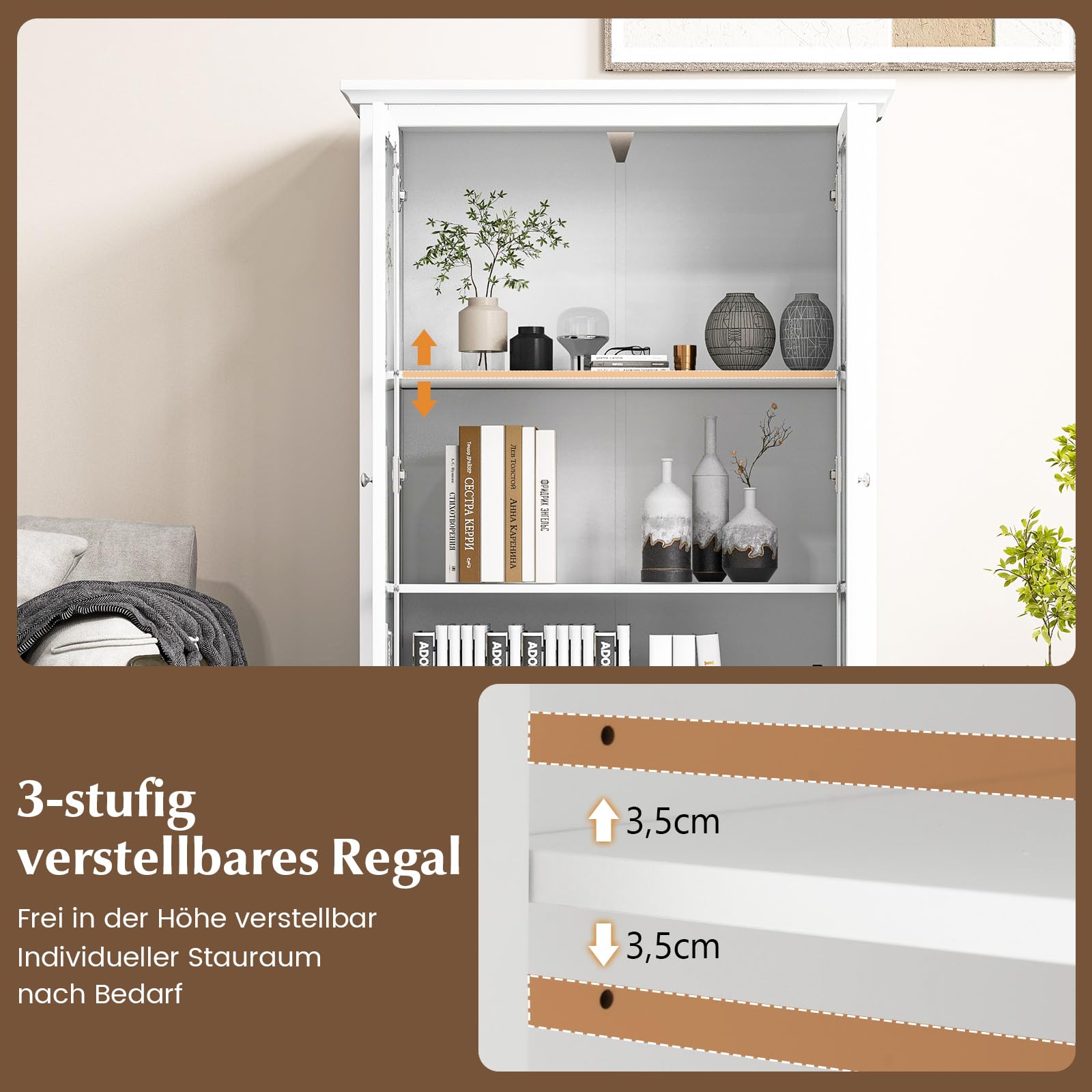 COSTWAY Bücherschrank, Vitrinenschrank mit Türen aus gehärtetem Glas, verstellbarem Regal & Schublade, Büroschrank, Aktenschrank für Heimbüro und Wohnzimmer, 80 x 40 x 139 cm, Weiß