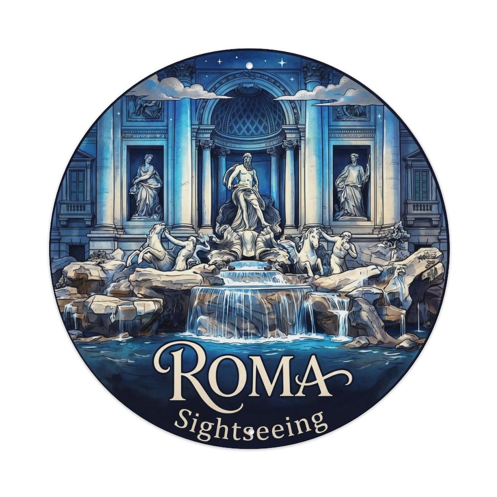 Italy Fountain Historic Tourism Sightseeing Classic Destination Metal Tin Sign Plaque Wall Decor for Cafe, Man Cave, Club Bar, Office, Home Garden Round Metal Poster 8x8Inch