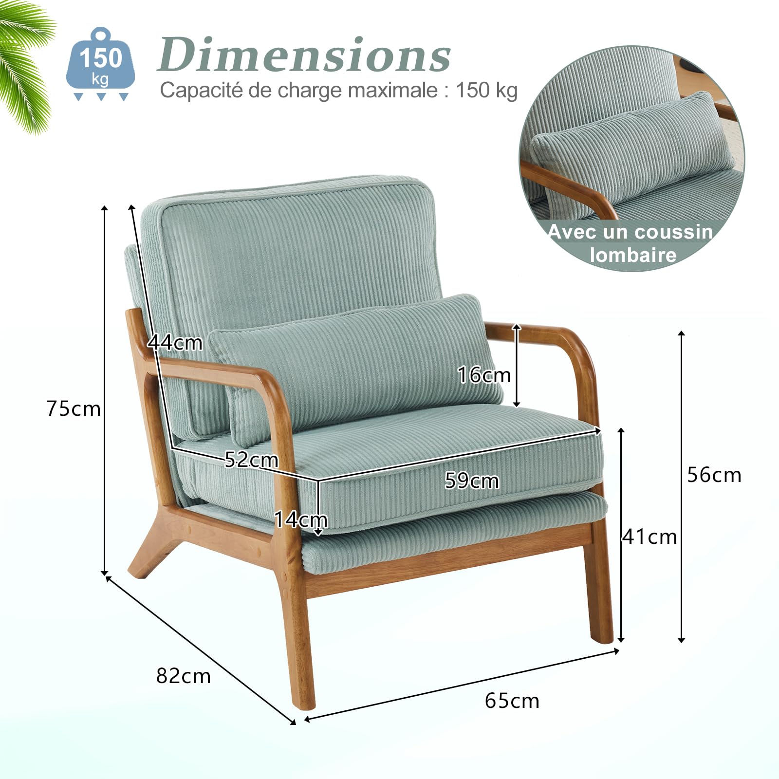 Bonnlo Poltrona Salotto in Legno e Velluto a Coste 65 x 82 x 75cm, Poltroncina Camera da Letto con Braccioli Curvi e Cuscino Lombare, Lounge Chair Design da Lettura e Soggiorno (Azzurro Grigio)