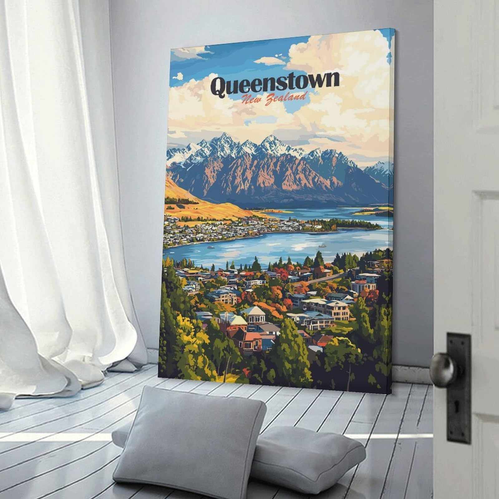 Junmoney Wall Picture Print Queenstown New Zealand Scenic Landscape Art, 16x24inch(40x60cm), for Entrance Walls, Hall Decor Or Foyers, A Neat Decor Update for Hallways