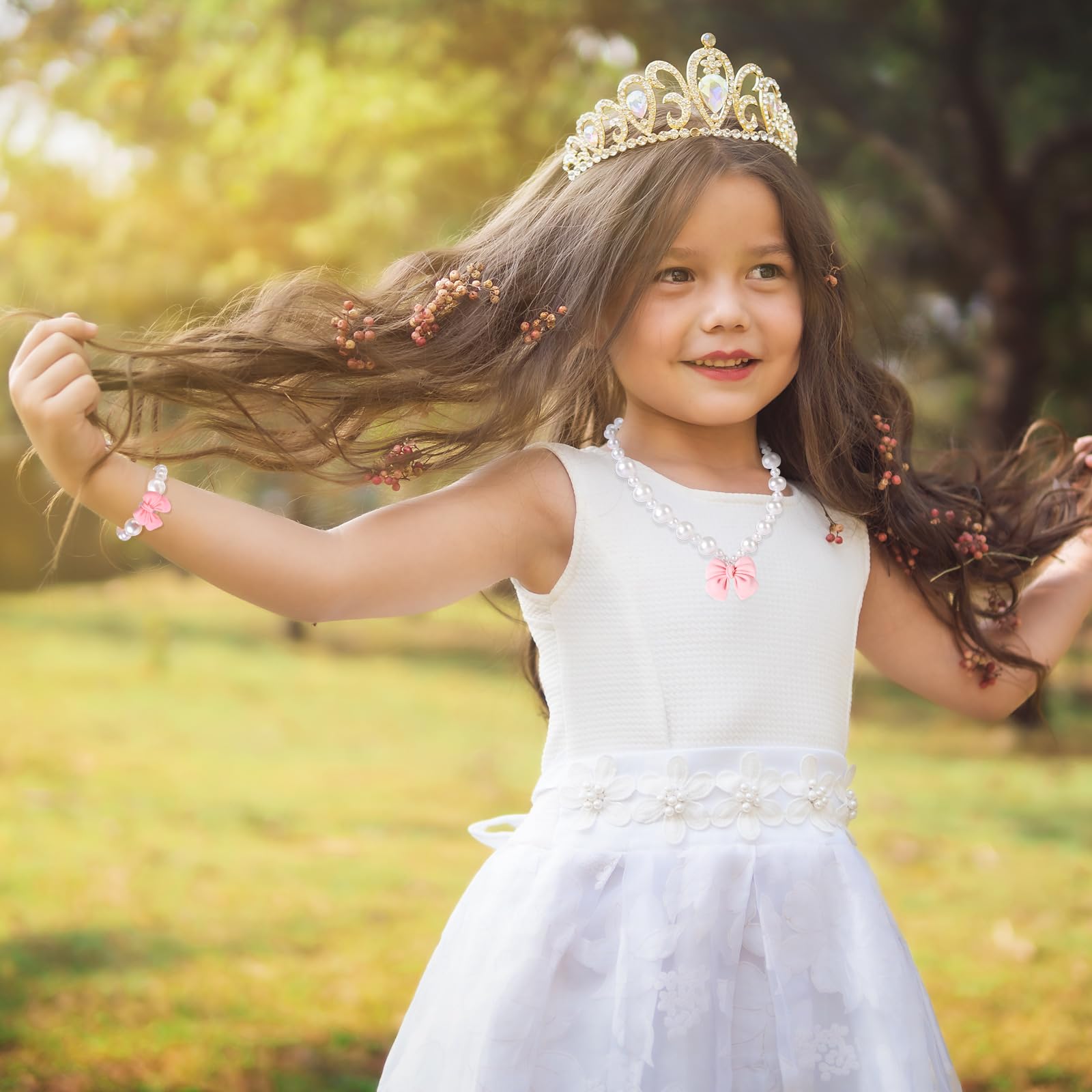 BAOBAOJOY Princess Jewelry for Little Girls, Handmade Bow Pearl Kids Jewelry Set, Stretch Necklace Bracelets Rings and Clip on Earrings, Perfect for Dress Up, Birthday Parties, and Costume Play, Pink