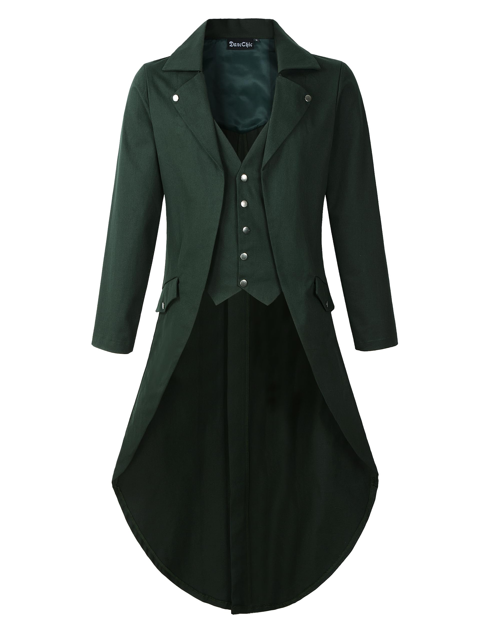 DarcChic Mens Gothic Tailcoat Jacket Black Steampunk VTG Victorian Coat (XXL/L, Green Long)