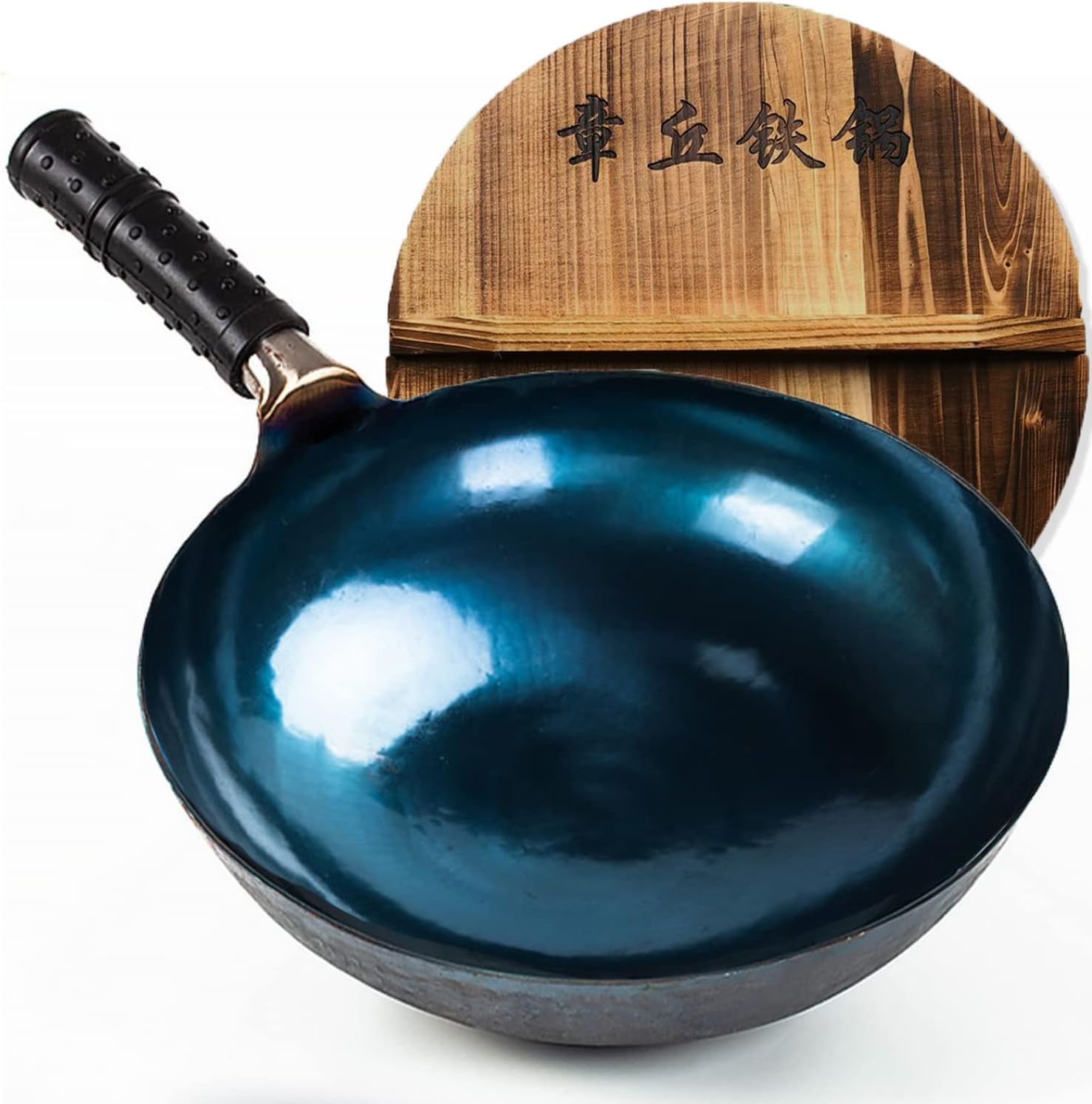 13 Inch Chinese Hand Hammered Iron Wok and Stir Fry Pans with Lid Round Bottom Wok Pan Non-stick No Coating Ideal for Home Use and Gift Giving