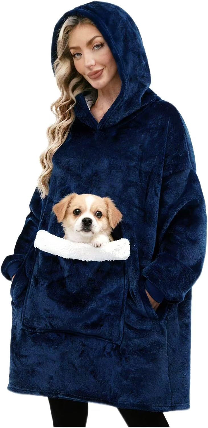 Wearable Blanket Hoodie Gifts for Women Men, Oversized Blanket Sweatshirt Cozy Fleece Blanket with Dog Giant Pocket