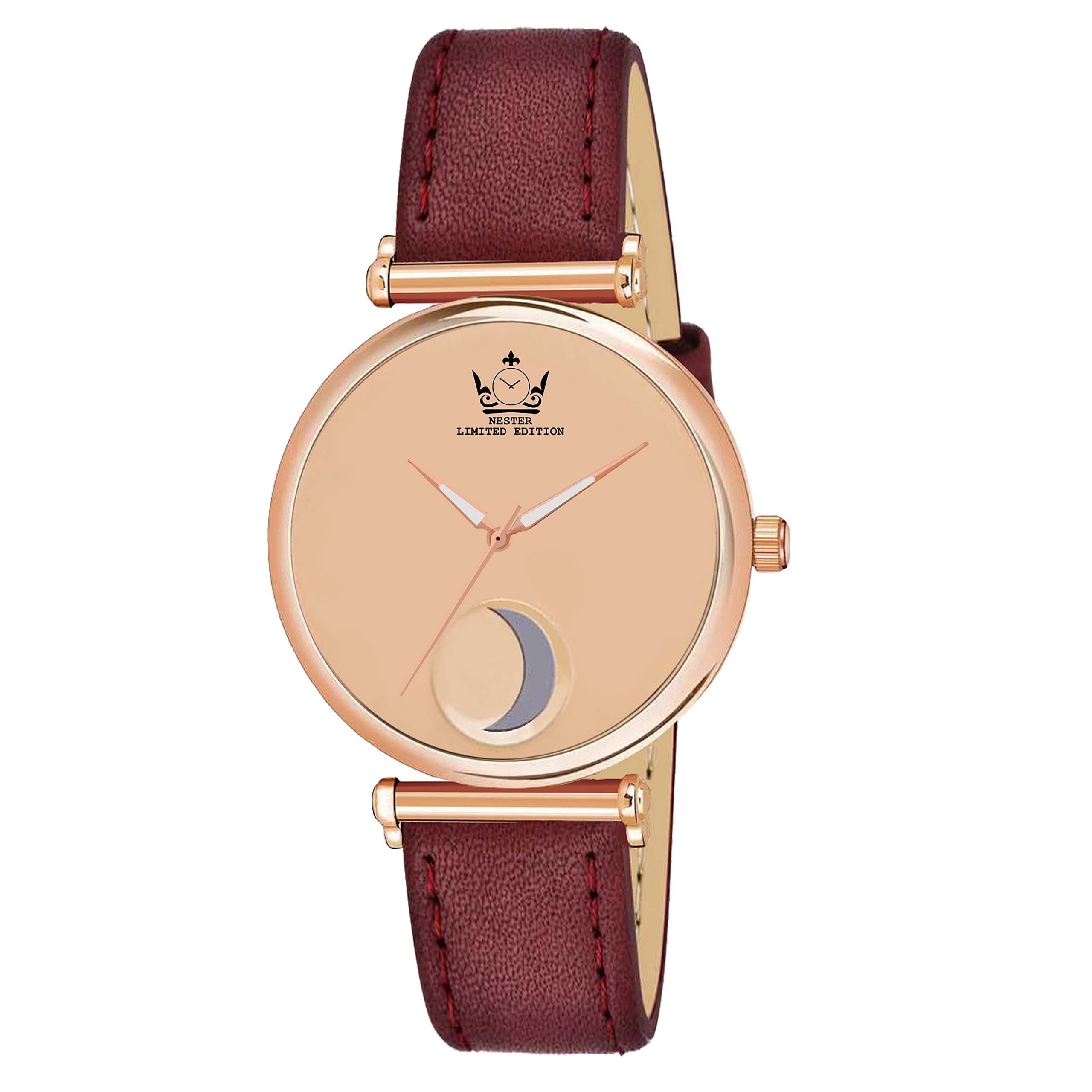 Nester Leather Strap Moon Designed Girls and Women Analog Watch (R G-Maroonblet)