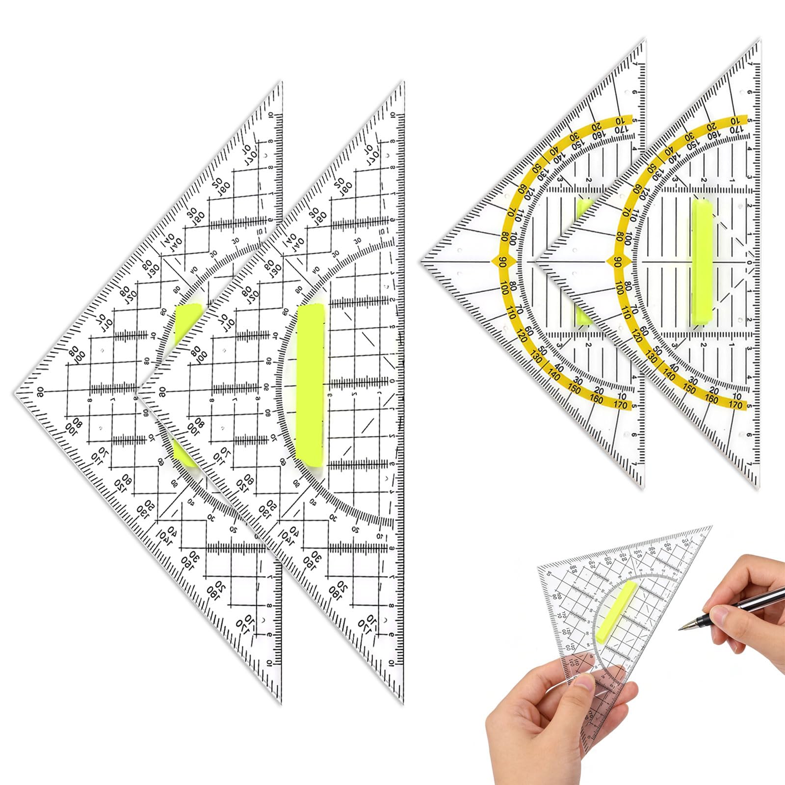 Graduated Square Set of 4 with Handle, Plastic Flexible Square Set, 8.9 Inch Large Square and 6.3 Inch Small Drawing Square, for School, Office, Drawing, Cartography