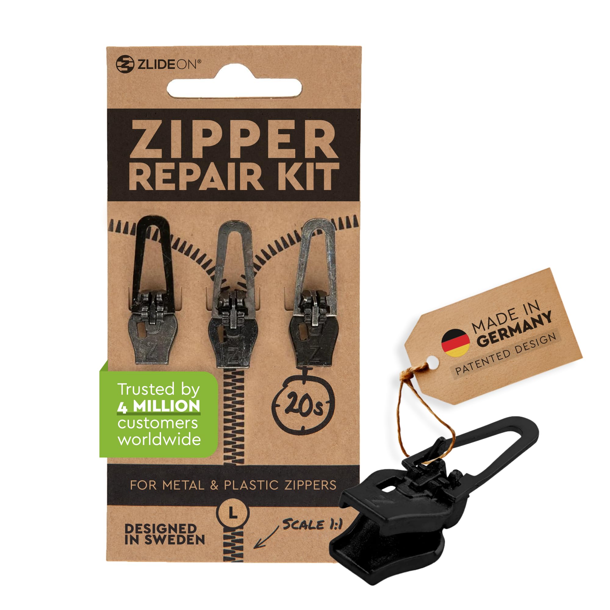 Zlideon Universal Zipper Repair Kit for Plastic & Metal Zippers Multipack - 3pcs, Black (L) | Instant Zipper Pull Replacement Slider for Denim, Jacket