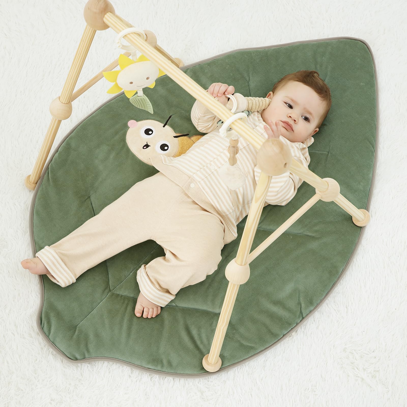 4 IN 1 Blatt Spielbogen Baby, Spielmatte Babies mit Natur Holz Activity Spielbogen, 3 abnehmbaren Spielzeugen zum Greifen, für ab 0-3-6-12-36 Monaten