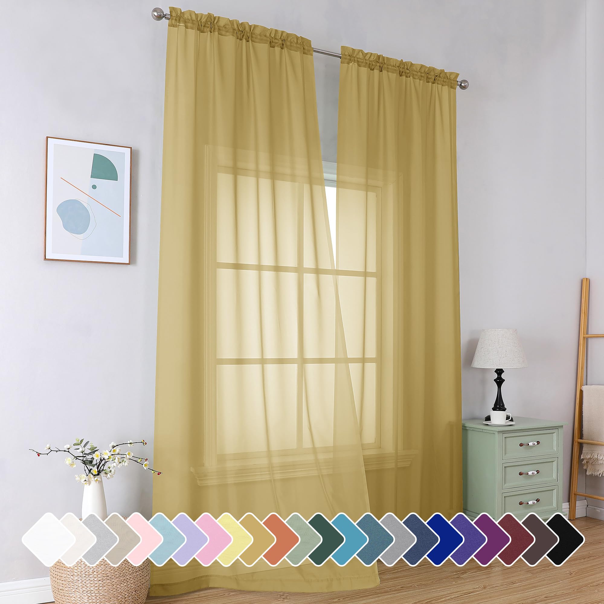 Simplebrand Gold Sheer Curtains 96 Inches Long 2 Panels Light Filtering