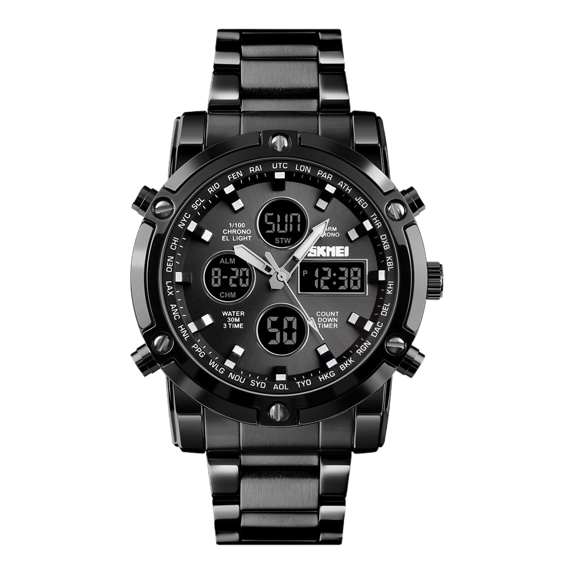 SKMEI Men's Analog and Digital Watch with LED Multi Time Chronograph, Stainless Steel Strap,Digital Watches for Men 1389