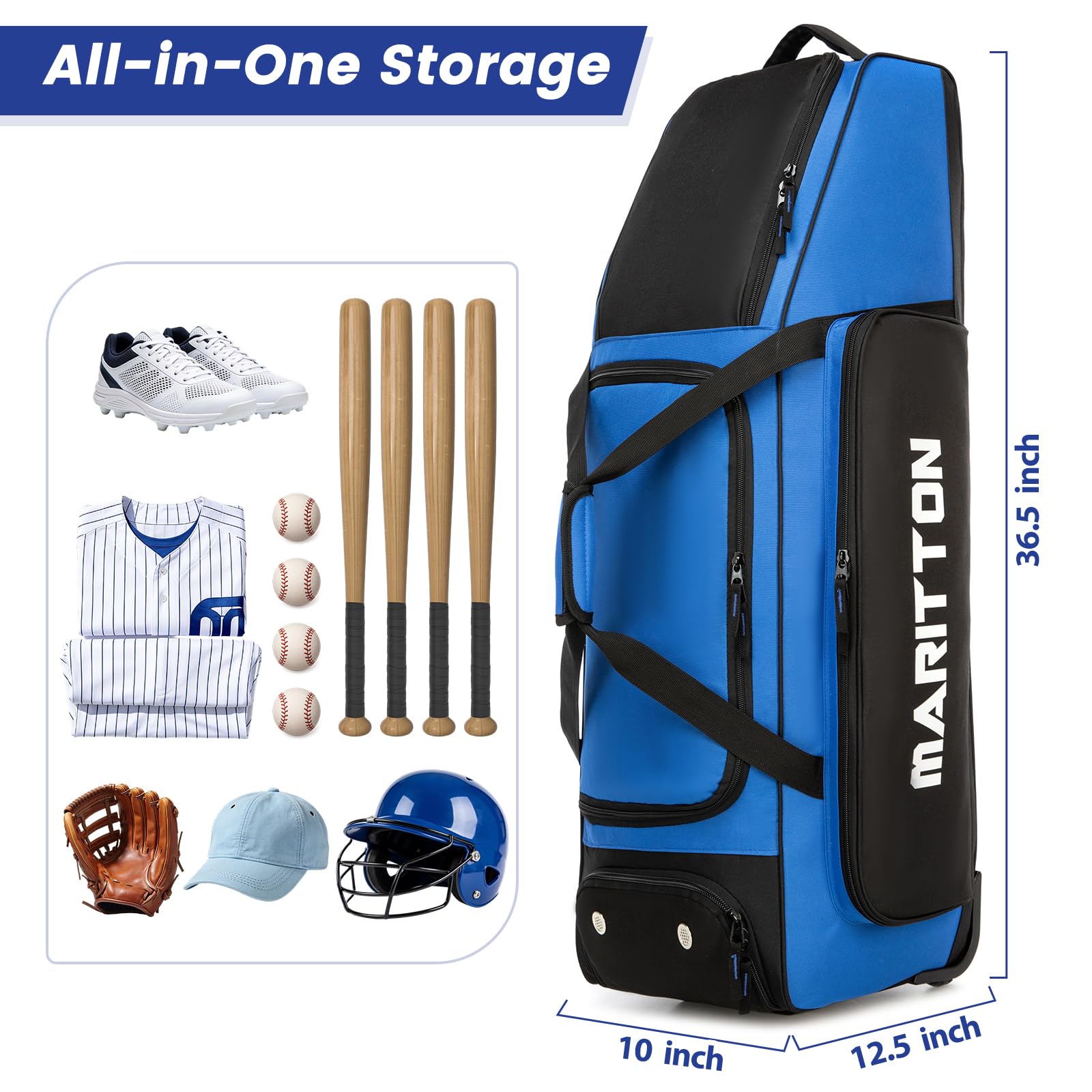 Rollende Baseballtasche mit Rollen, große Softballfänger, Ausrüstungstaschen für 4 Schläger mit separatem Schuhfach und Zaunhaken.