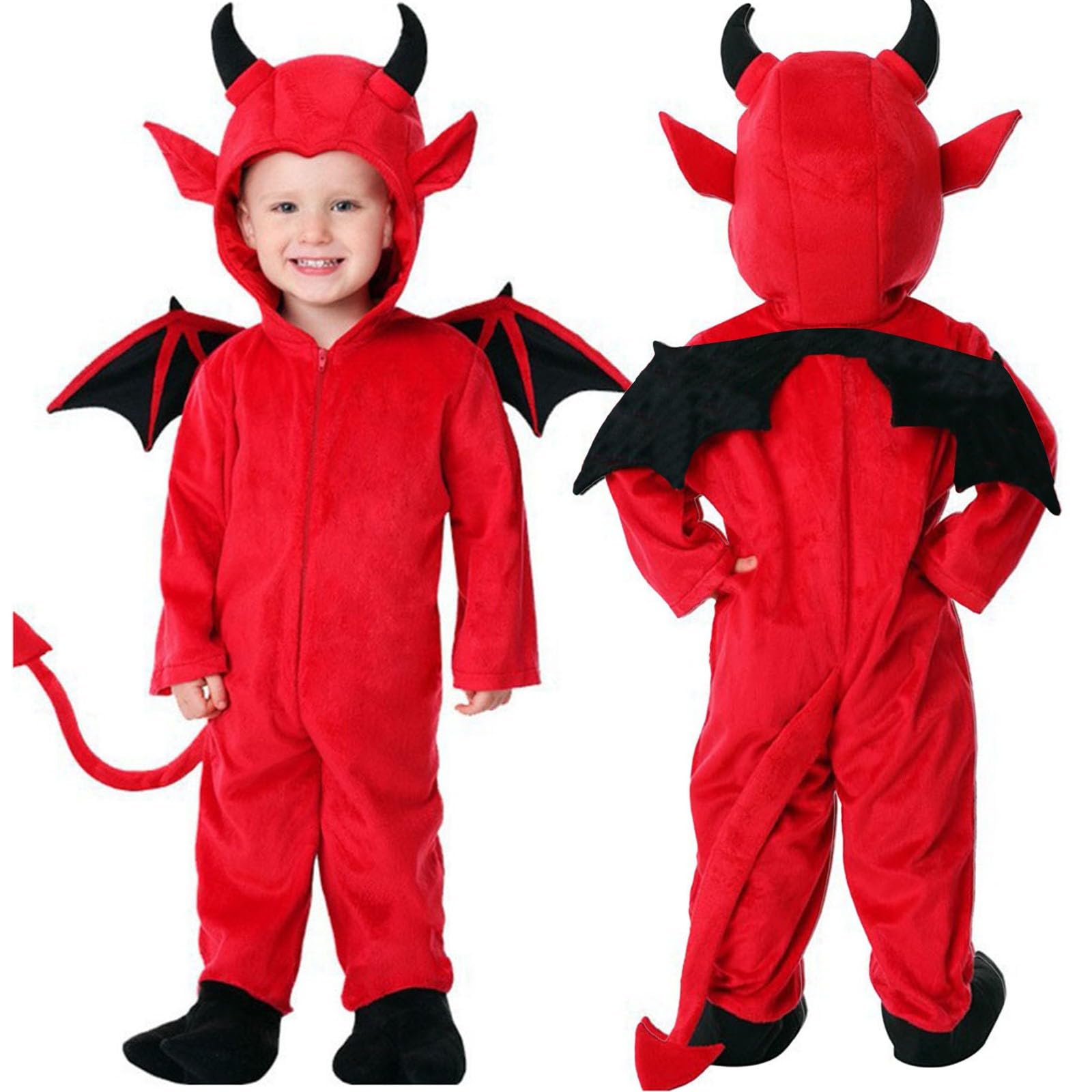 Halloween Costumes for Kids Devil Costume Kids Halloween Devil Jumpsuits Flannel Front Zipper Hooded Devils Onesie Kid Baby Footed Halloweens Party One Piece Rompers Clothes with Wing Red
