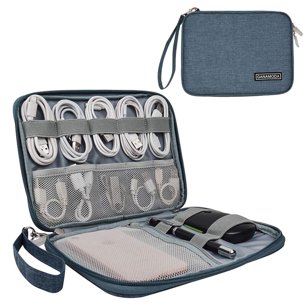 GANAMODA Small Electronic Organizer Travel Cable Bag, Portable Tech Accessories Case for Phone, Cord, Charger, Hard Drives, Gadgets, Navy Blue