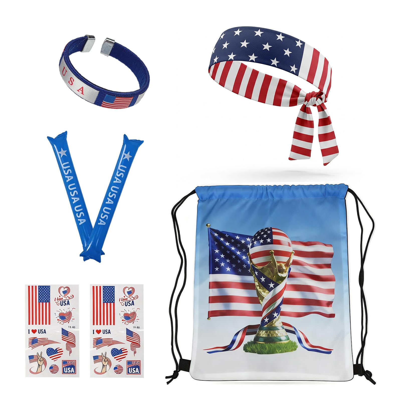 KINFAVOU 2026 World Cup USA Soccer Fan Gear Set, 7-Piece Drawstring Backpack Decoration & Storage Set for World Cup & 4th of July