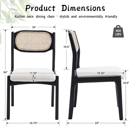 Miniatura 3 de CIMOTA Juego de 2 sillas de comedor modernas de mediados de siglo, sillas de comedor de ratán con respaldo de bastónmarco de madera negra, sillas de