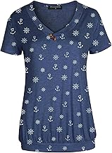 FLEASEE Damen T-Shirt Lässig Kurzarm Basic Tee V-Ausschnitt Shirts Stretch Falten Tunika mit Knöpfen Allover Minimal Druck Sommer Oberteile Tops
