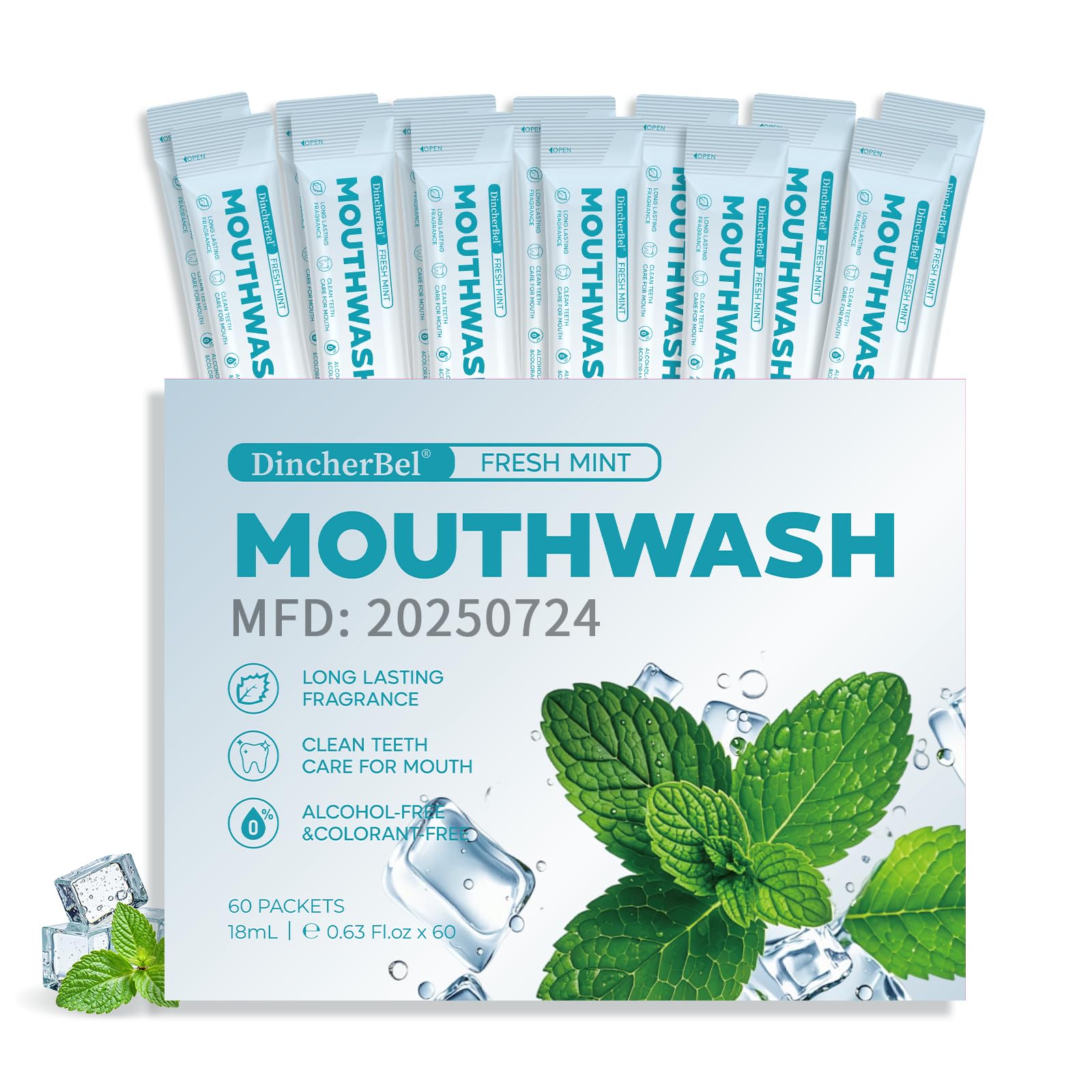 Dincherbel Travel Mouthwash Packets (60 Count) - Alcohol & Fluoride Free Natural Mint Mouth Wash - TSA Approved Individual Packets - Portable,