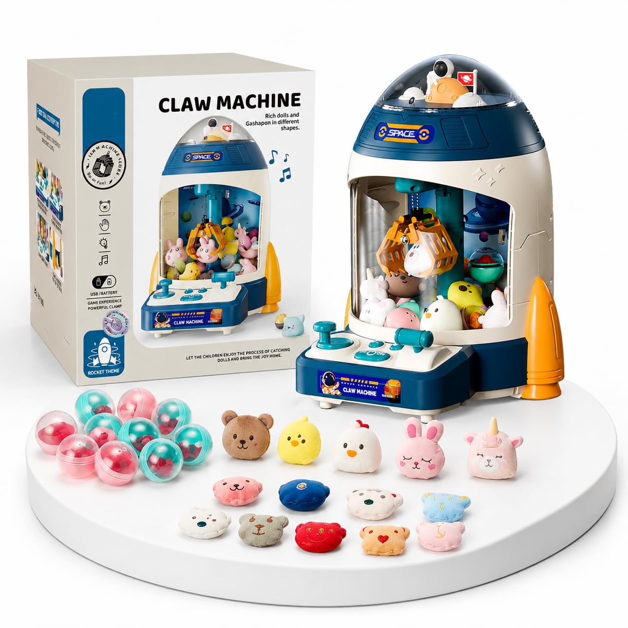 Toyana Claw Machine for Kids, 23 PCs Electronic Mini Arcade Game with Interactive Mini Dolls & Capsule Prizes, Lights & Music Gift Toy with Dual Power Mode for Children 3+ Years