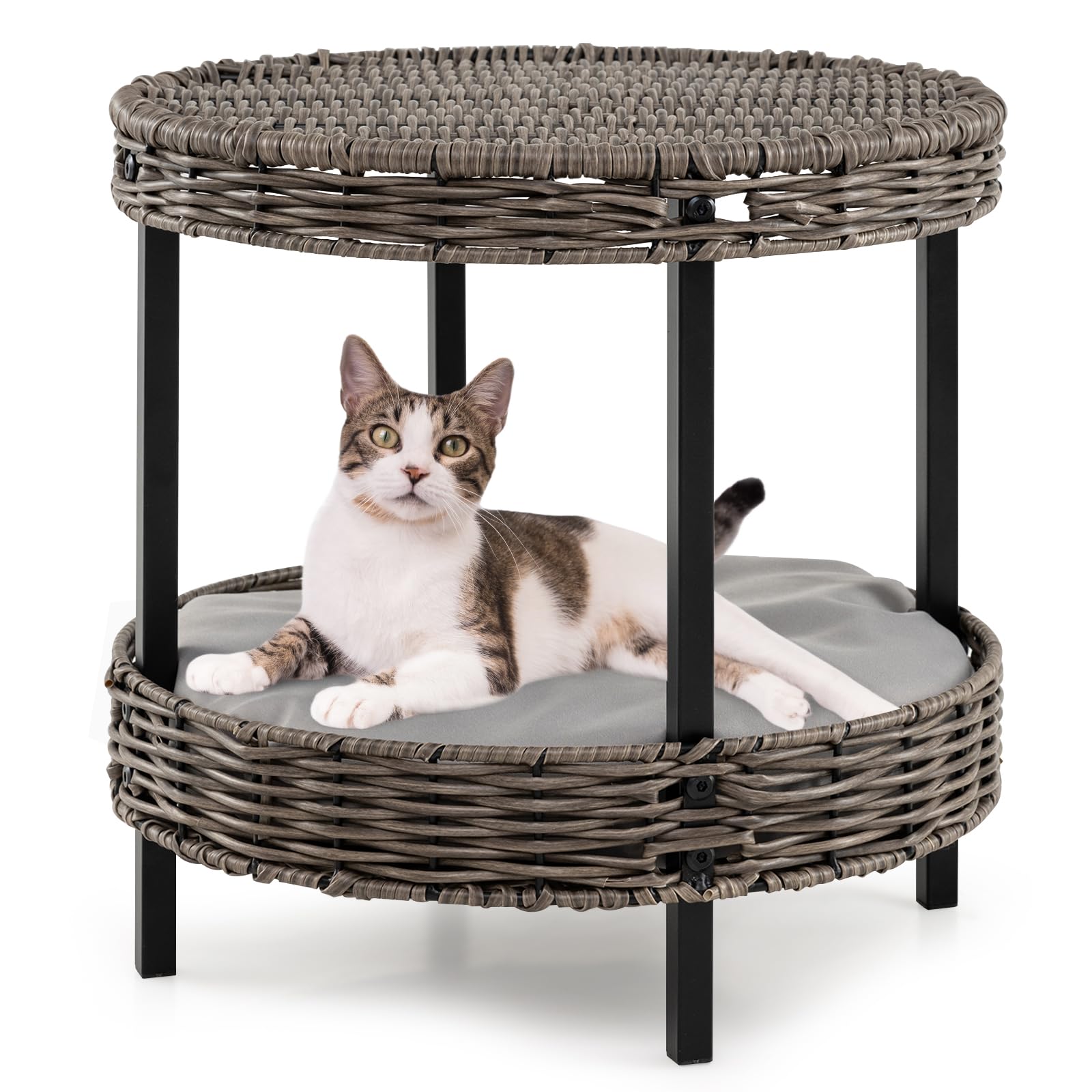 COSTWAY 2-Tier Wicker Cat Bed, Elevated Cat Nest with Soft Removable Cushions, Indoor Outdoor Rattan Kitten House Footstool Side Table, 38 x 38 x 38cm